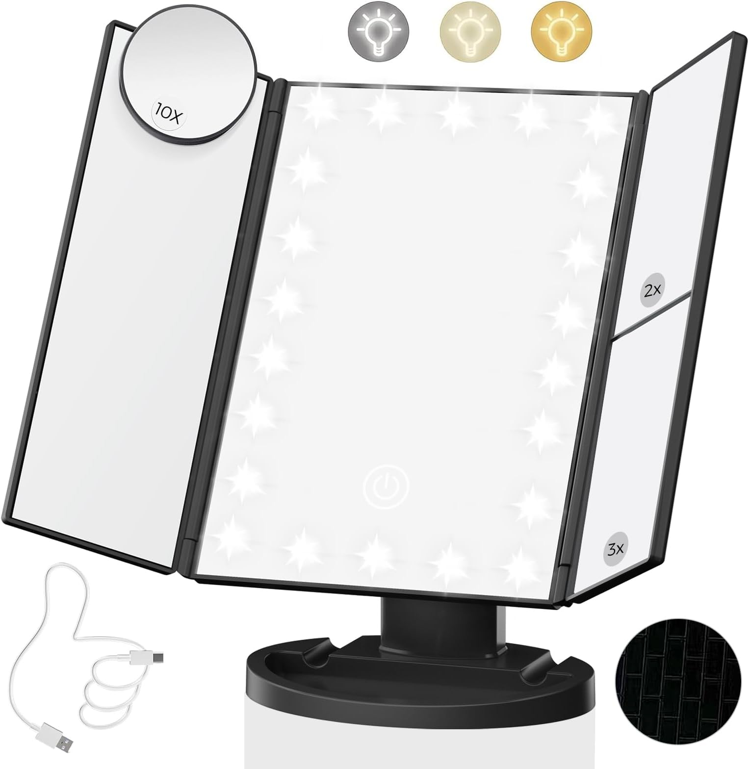 Lighted Makeup Mirror with 22 LED Lights, Dual Power Supply 1x/2x/3x/10x Magnifying Touch Screen Dimmable Mirror, 180 Degree Adjustable Angle, Travel Cosmetic Mirror - Black