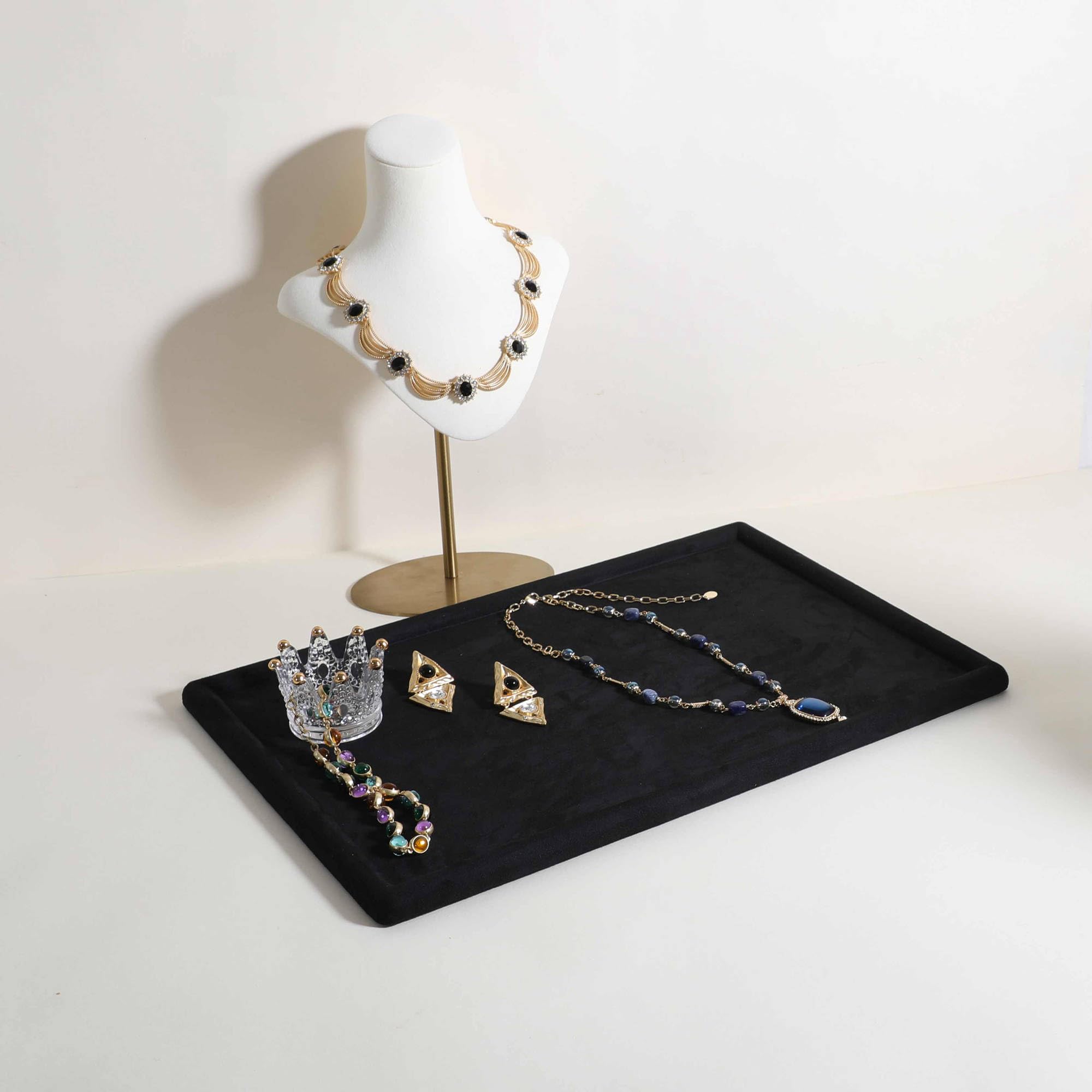 Gemehou Sammet-Schmuck-Ausstellungsteller, Top-Mikrofaserschmuck-Lagerorganisatorplatte, Leerer Schmuckvitrinensteller für Halskette, Armband, Ring, Ohrring, Uhr (Schwarz - Groß)