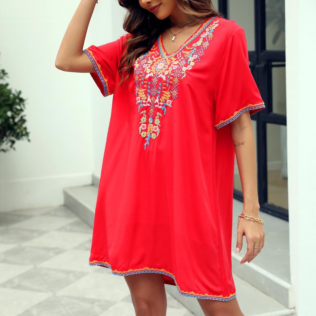 AK Caftan Boho Embroidered Dress for Women V-Neck Short Sleeve Mexican Floral Beach Cover Ups Midi Dress - Image 3