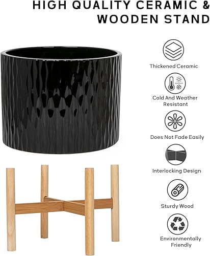 Miniatura 3 de LaDoVita Maceta de cerámica con soporte, maceta de 10 pulgadas con estante de madera, macetas redondas modernas para interiores con soporte para