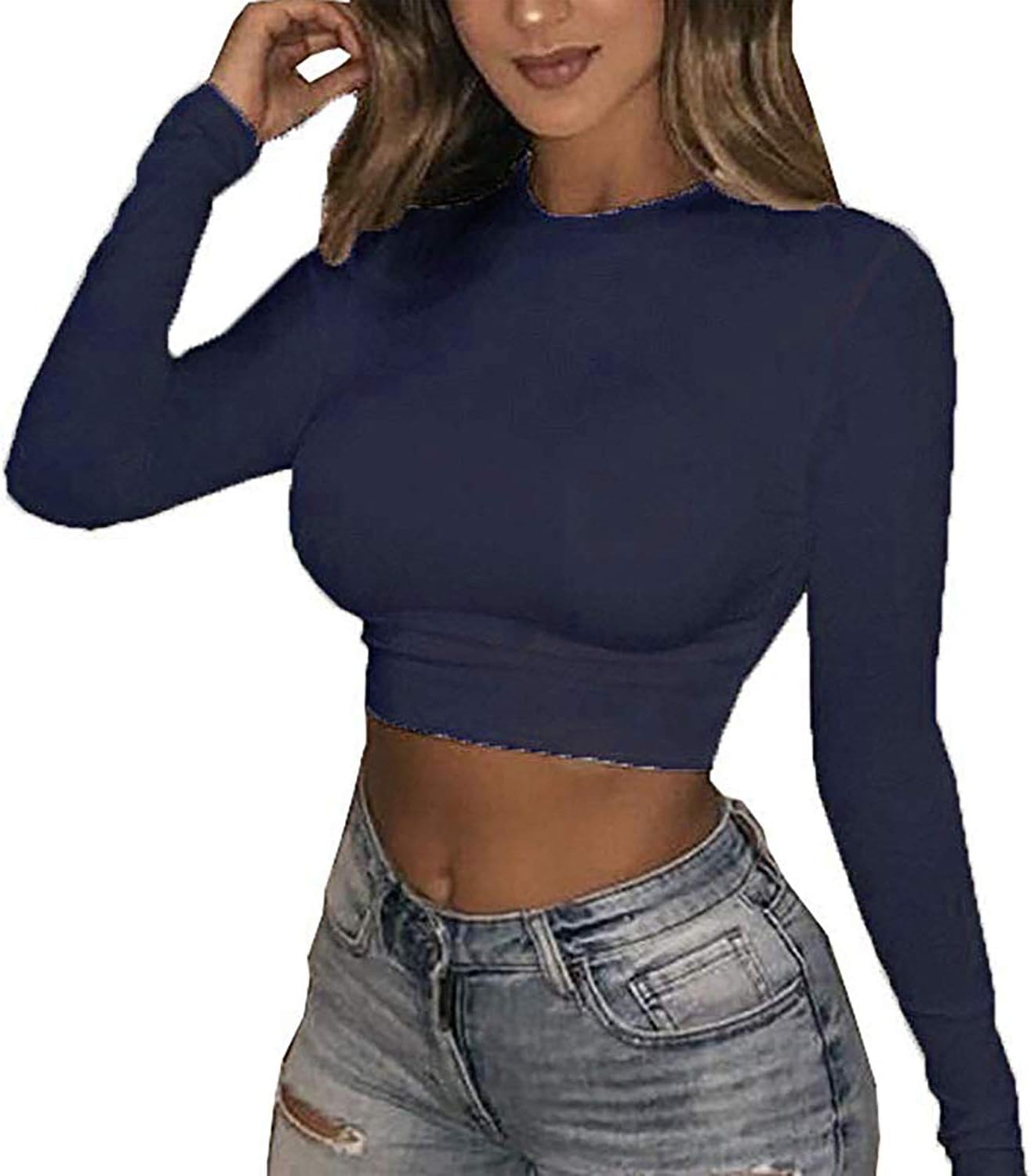 Artfish Women Long Sleeve Turtleneck Crop Top Mock Neck Tight Fitted Shirts - Image 2