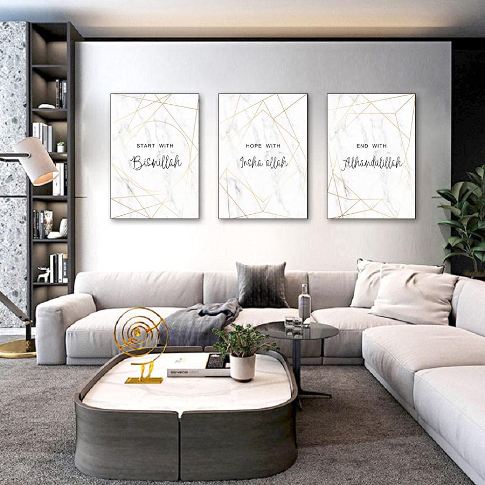Yimesoy Alá Bismillah Cita Islámica Pared Arte Lienzo Pintura Cartel Minimalismo Musulmán Impresión Mármol Decoración Moderna Del Hogar 24"X32"X3Panels