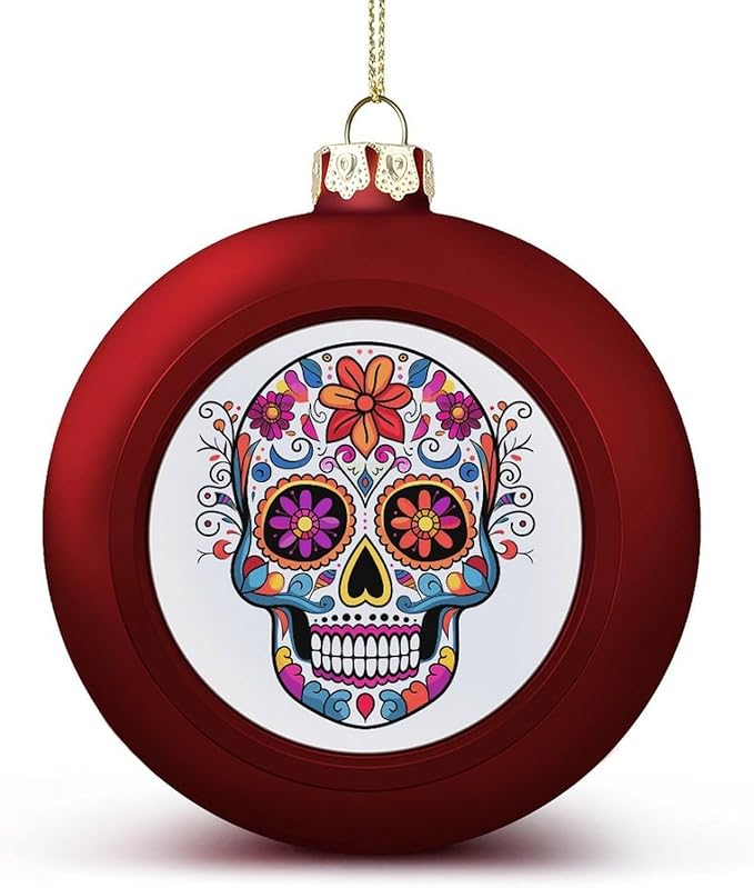 Sugar Skull Christmas Ball Ornaments 1.6 Inch Red Shatterproof Plastic Decorative Hanging Ornaments Festive Baubles Decorations Xmas Ornament for Tree Holiday Party Home Decor