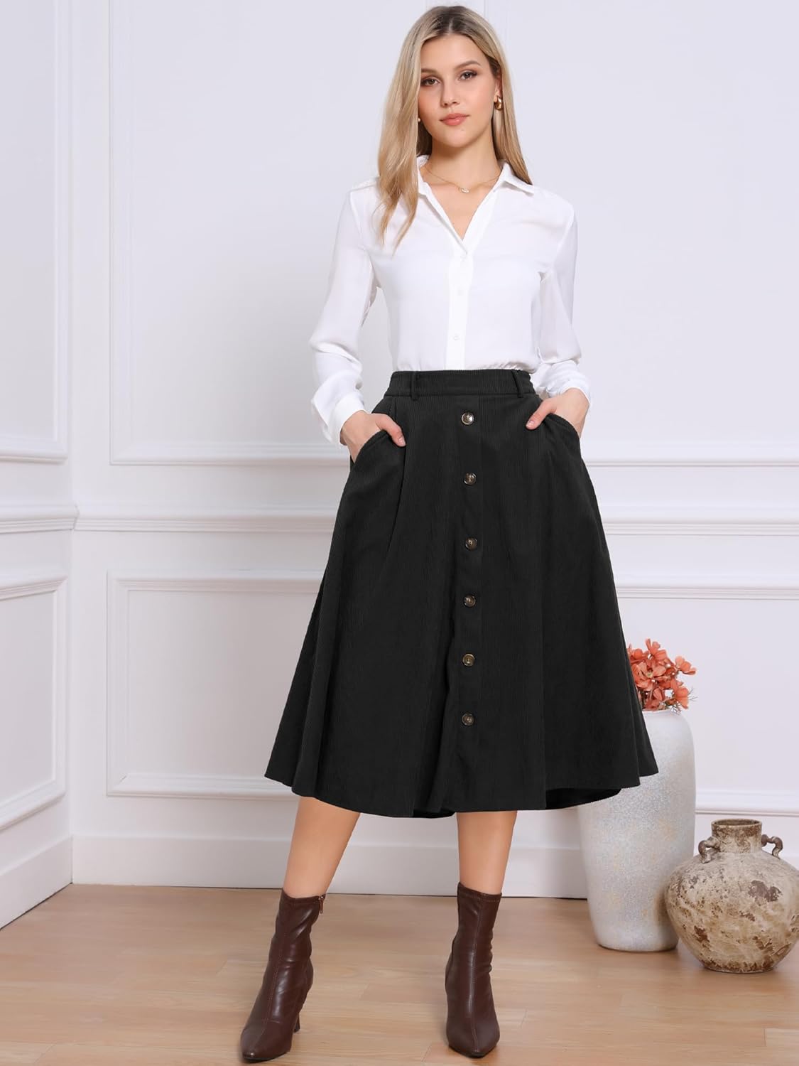 Allegra K Corduroy Skirt for Women Button Front High Waist Vintage Stretch A-Line Flared Casual Midi Skirts with Pockets - Image 4