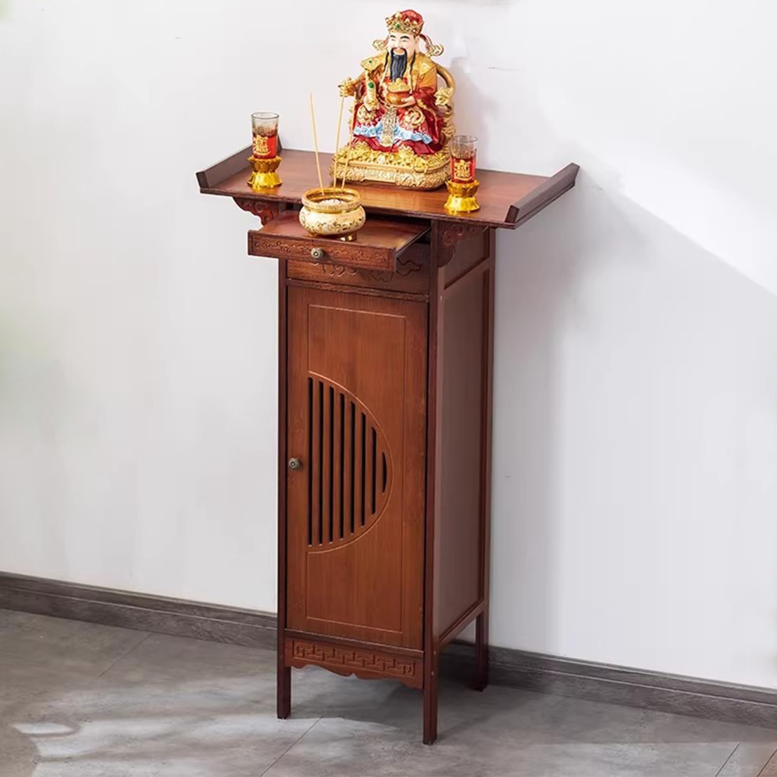Altar Table With Drawer And Storage Cabinet, Bamboo Buddha Statue Shrine