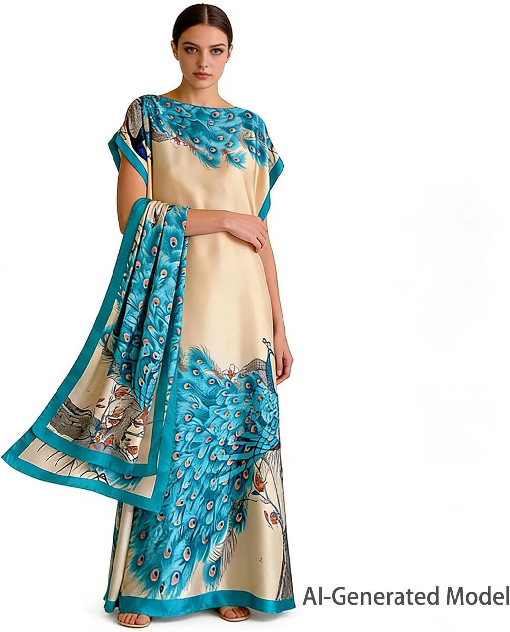 Women's Print Kaftan & Scarf Set, Boat Neck Silky Shawl Dress, Elegant Boho Chic Cape Wrap for Swimsuit Cover Up