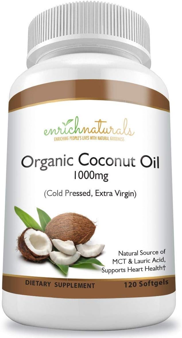 Organic Coconut Oil Softgels 1000mg Cold Pressed Extra Virgin Coconut Oil Pills 120 Capsules Natural Source of MCT Oil & Lauric Acid - Easy to Swallow Coconut Oil Supplements