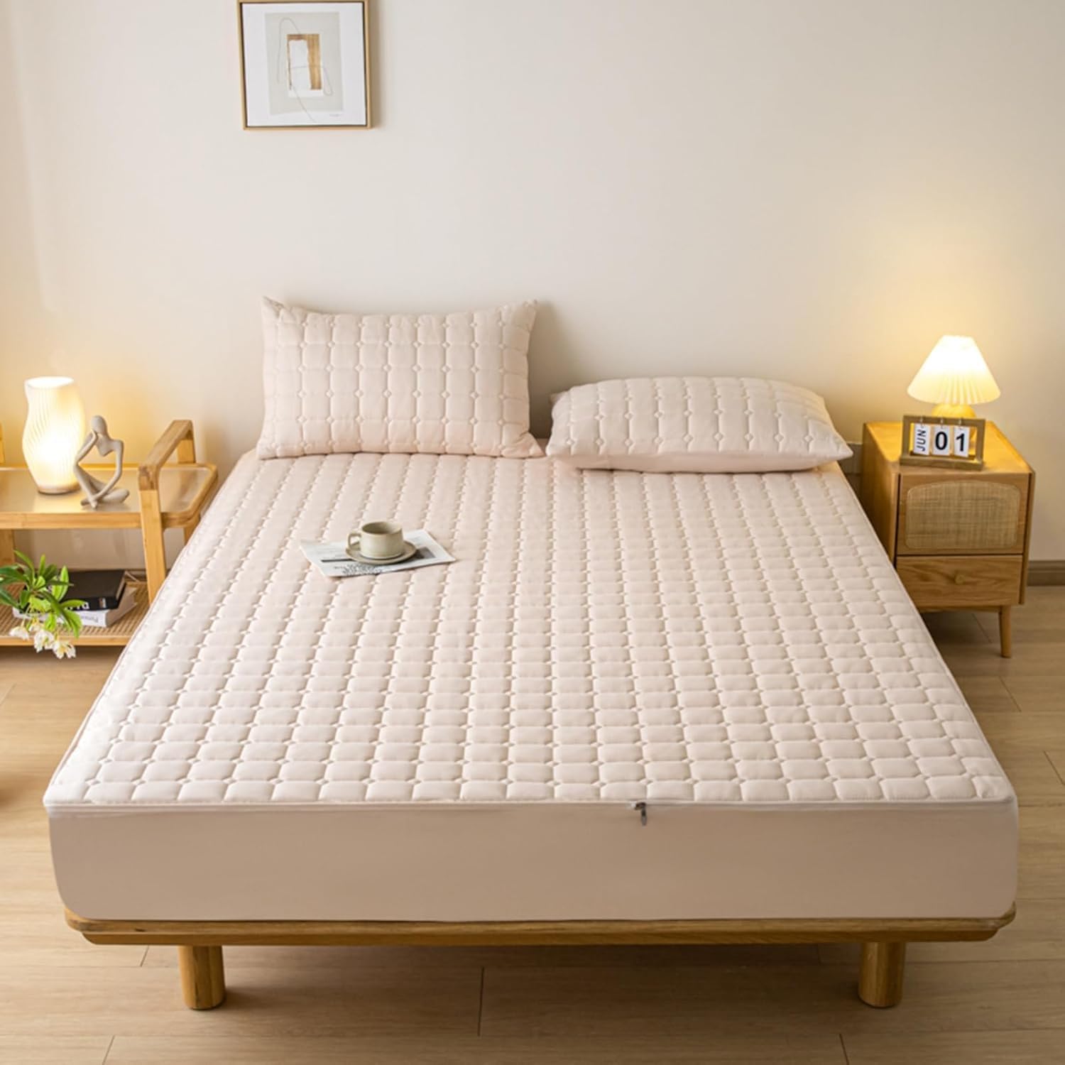 Matratzenbezug mit 4-Seitiger Reißverschluss Rundumschutz Matratzenhülle, Weicher Atmungsaktiver Matratzenschoner Waschbar(Beige,90x200x15cm)