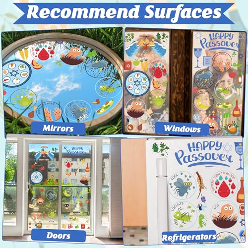Image of 63 PCS Passover Decorations, 9 Sheets Colorful Passover Window Clings with Seder Plates Stars of David Eggs Red Wine Patterns, Double-Sided Jewish Decor for Pesach Party Supplies Home School