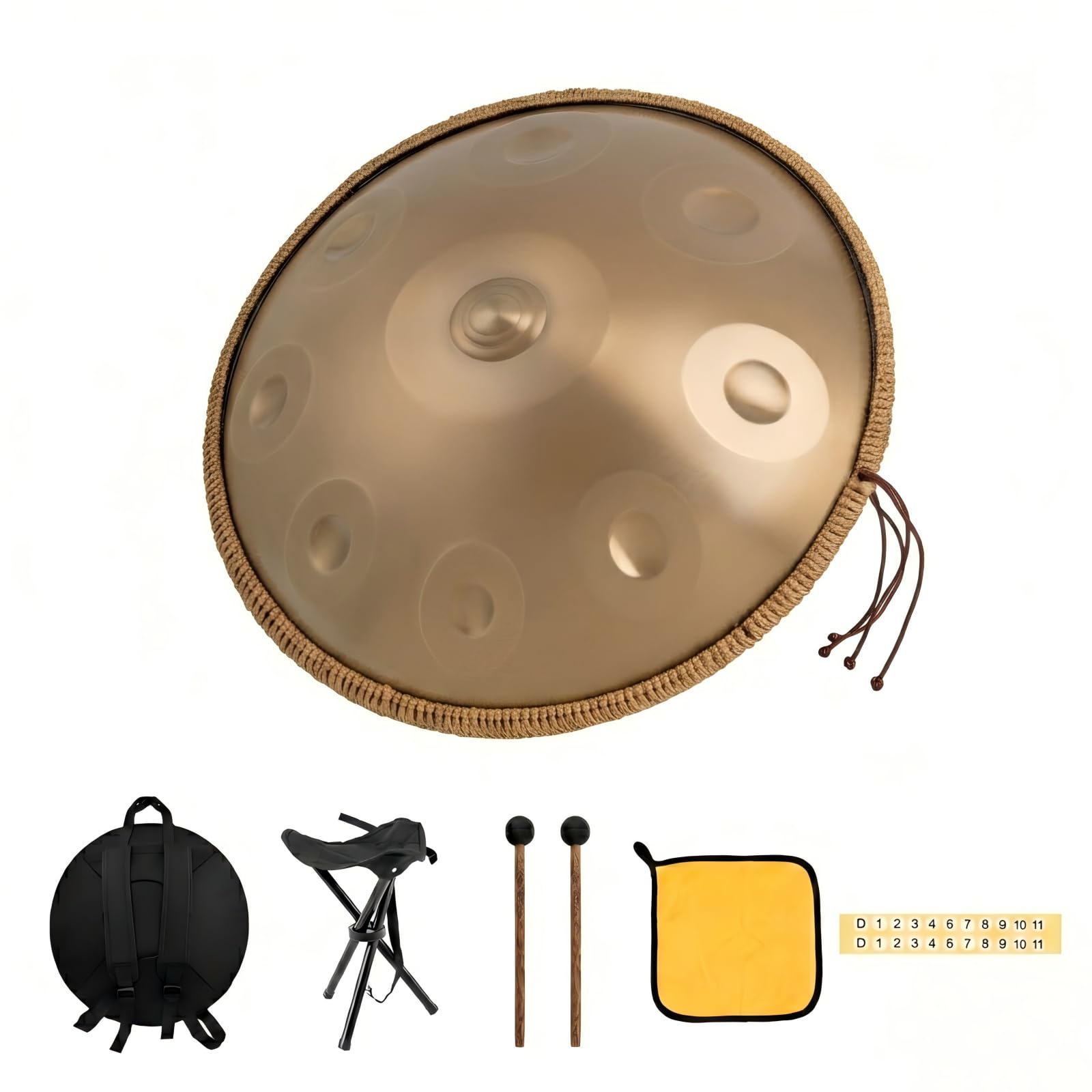 Handpan 22 Pollici 9 Note Re Kurd 440Hz Oro Tamburo a Mano per Meditazione Yoga Guarigione Sonora Acciaio Legato Include Borsa Supporto Bacchette Panno Adesivi Note