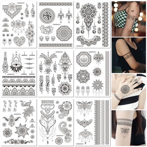 9 Feuilles Autocollants Tatouage Temporaire Mains Noires Tatouages Mandala Religieux Art Corporel Résistants à l'Eau Faux Tatouages pour Femmes