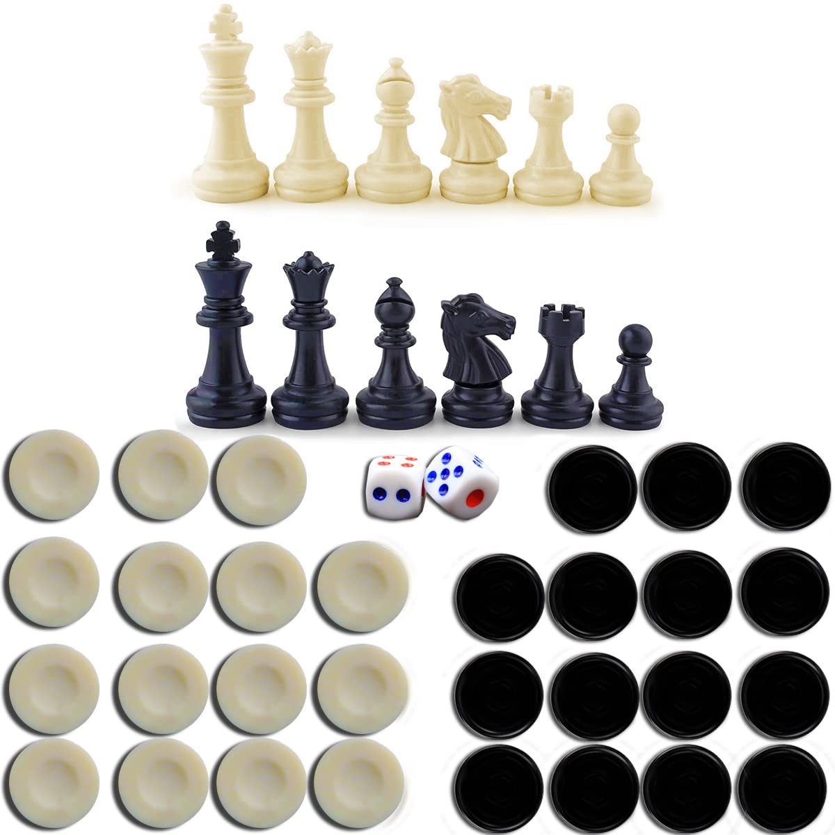 Fespop 62 Pieces 2 in 1 Chess Game Set, Complete Set of 32 Game Pawns + 30 Pieces Backgammon Pieces Checkers,Plastic Chessman Set Pieces for Checkers and Chess (2 in 1)