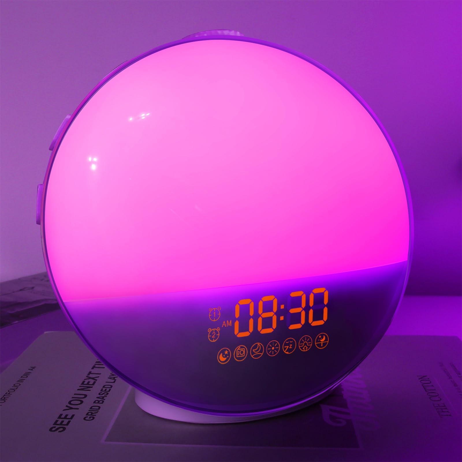 Reloj despertador digital con doble alarma, 7 sonidos naturales, lámpara de estado de ánimo que cambia de color, luz nocturna con sonido de alarma múltiple