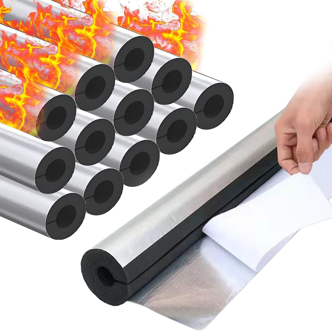 Tubo de Espuma, Fundas de Aislamiento Térmico para Tuberías Exteriores, Coquilla Aislante de Papel de Aluminio Autoadhesivo, para Coquilla Aislante Tuberías (ID) 219mm x (T) 30mm x (L) 0.9m