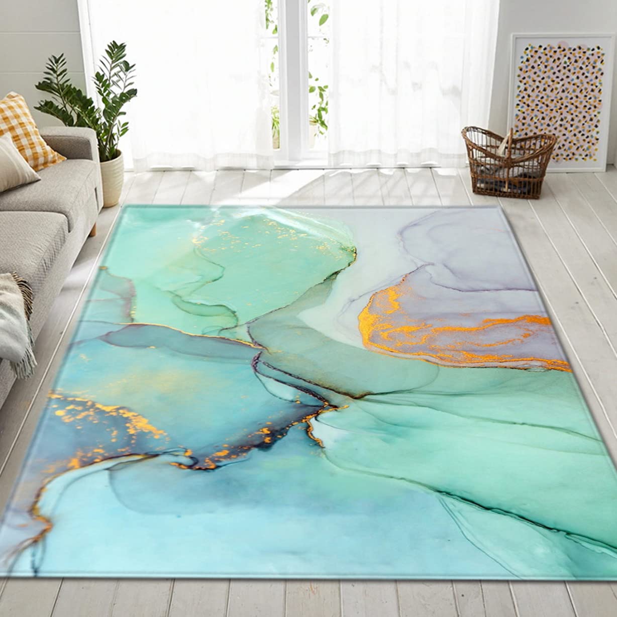 Trama Di Marmo Di Lusso Europeo Tappeto Salotto, Gradiente Grigio Blu Oro Viola Tappeti a Pelo Corto, Tappetino Antiscivolo - per Decor del Pavimento Della Camera da Letto 60 × 90cm