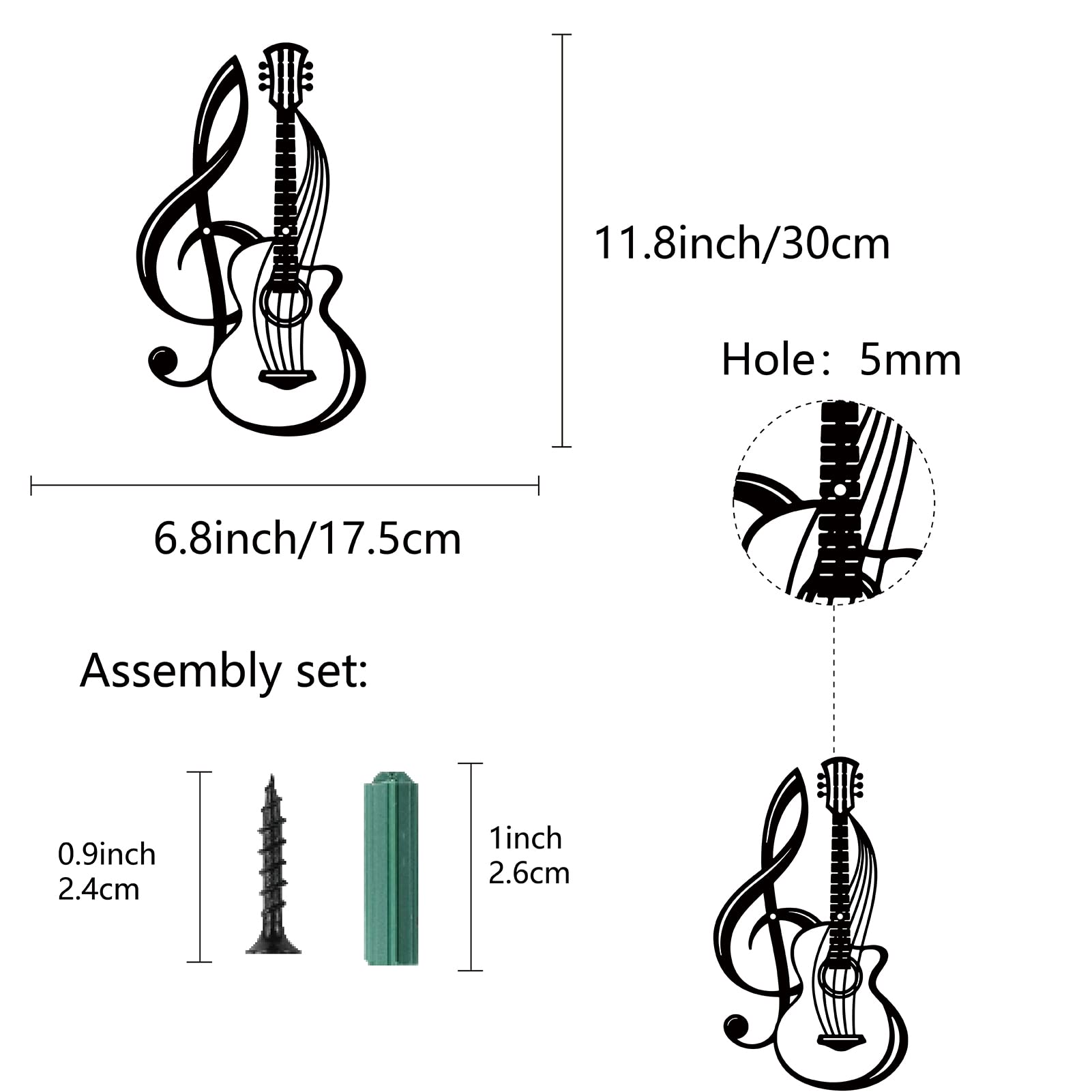 CREATCABIN Guitarra Metal Decoración Pared Plata Música Metal Arte Adorno Colgante Hierro Nota Musical Escultura Hogar 30x17.5cm