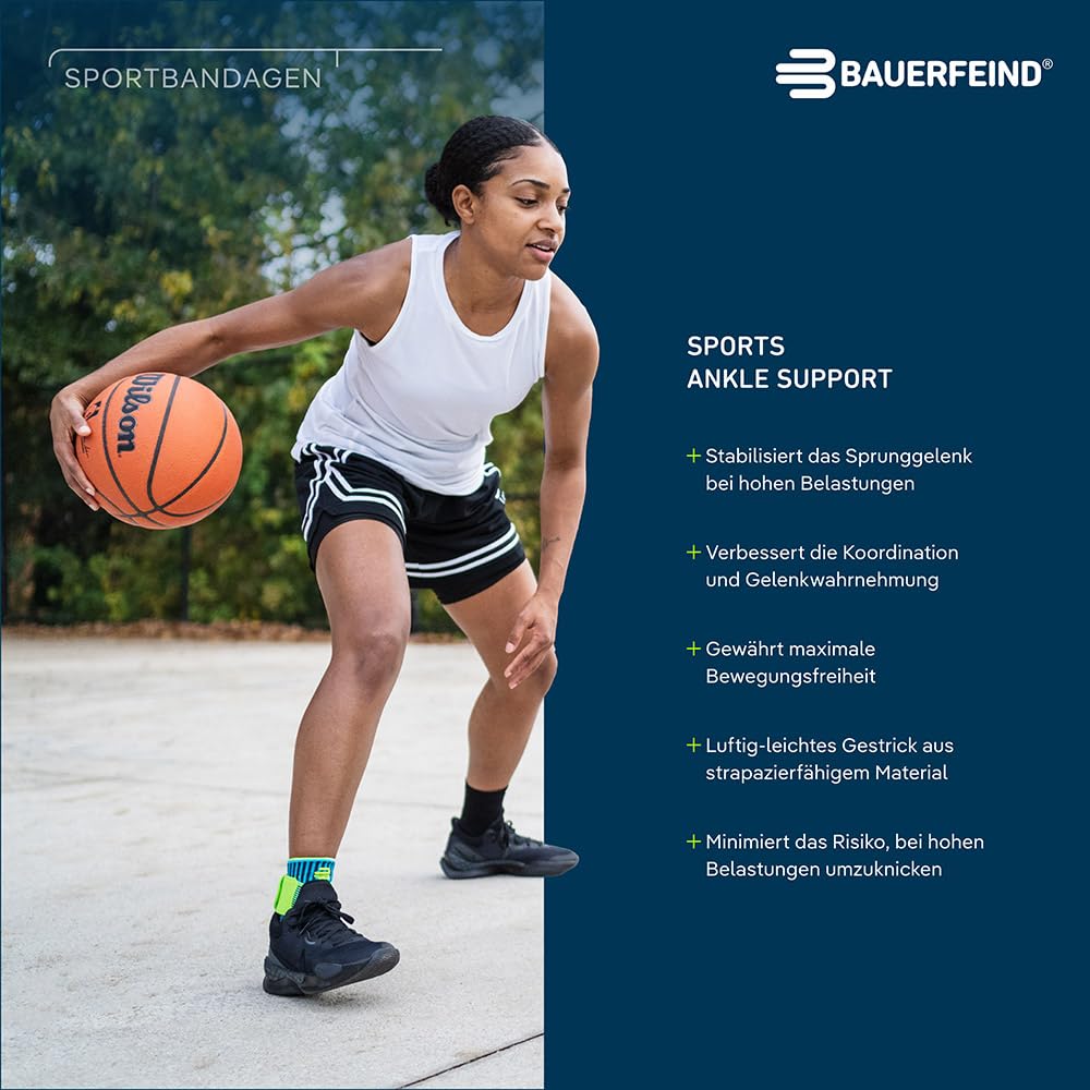 BAUERFEIND Sprunggelenkbandage „Ankle Support“ Unisex, 1 Sprunggelenk Bandage für Sport wie Fußball, Fitness und Joggen, Kein Umknicken durch Knöchelbandage, Schwarz, M