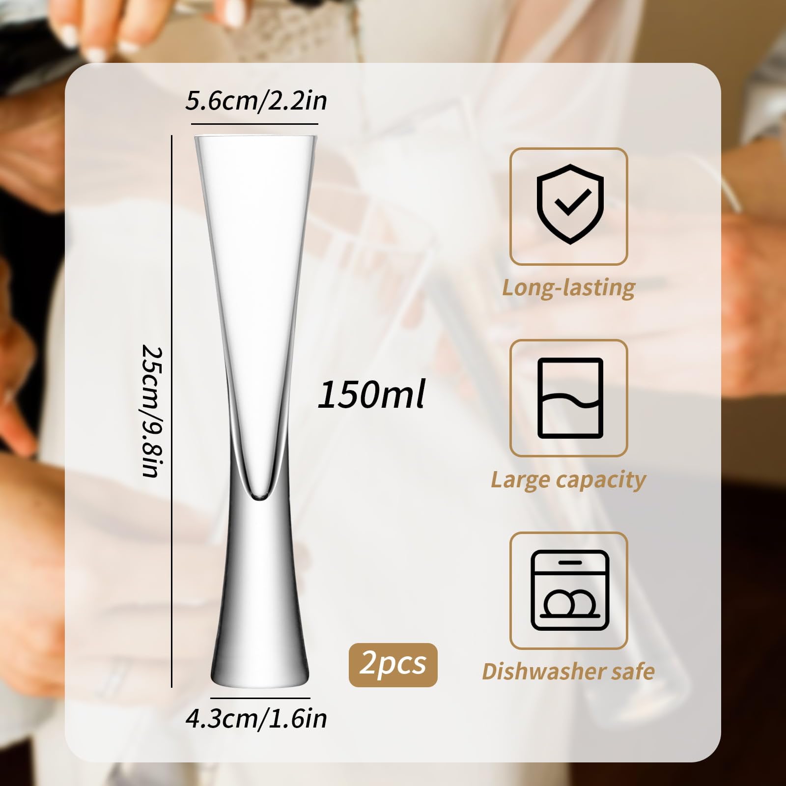 Eidoct 2 Crystal Champagne Flutes, 150ml Mouthblown & Handmade Glasses, Clear Liqueur Glasses for Prosecco Mimosa - Image 2