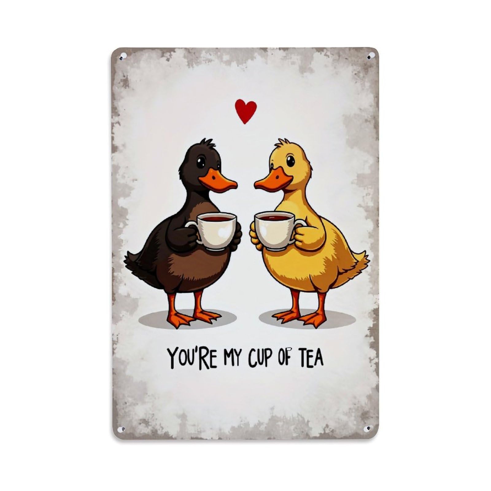 Duck Couple Tea Cups Heart Retro Metal Tin Sign, Vintage Decor Art Poster for Bar, Home, Man Cave, Kitchen, Laundry Room Gift 8x12Inch