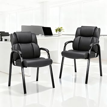 CLATINA Black Guest Chair with Arms, Office Reception Chairs for Conference and Waiting Room, Ergonomic Leather Visitor Desk Chair No Wheels Side Office Home Chairs, 2PK