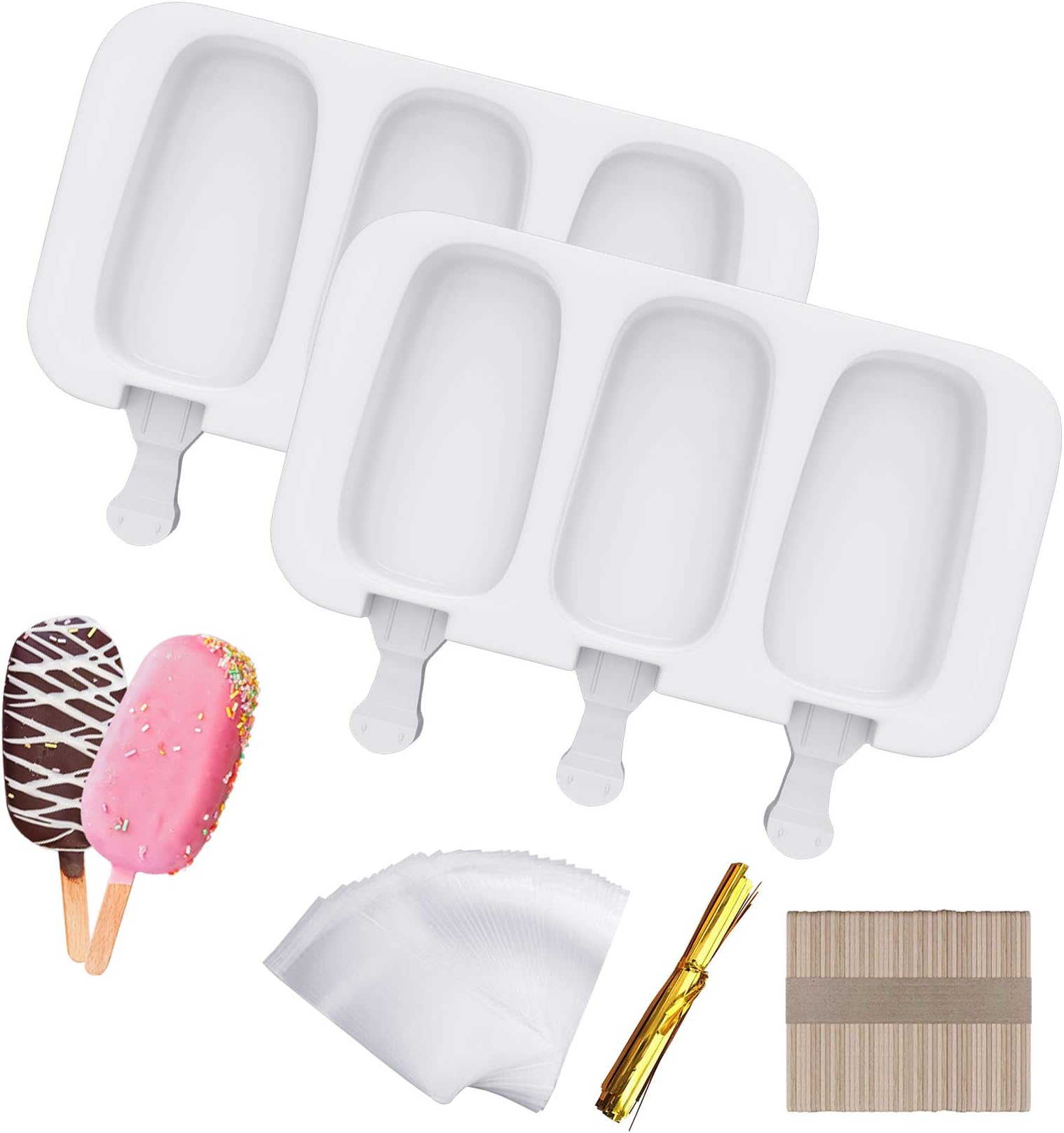 Ouddy Silicone Popsicle Molds with Lids, 2 Pieces Popsicle Molds for Kids, 4 Dents, Ice Bar Shapes, Oval Shape 50 Wooden Sticks, 50 Wrapping Bags, 50 Sealing Lines, DIY Popsicle Molds Red