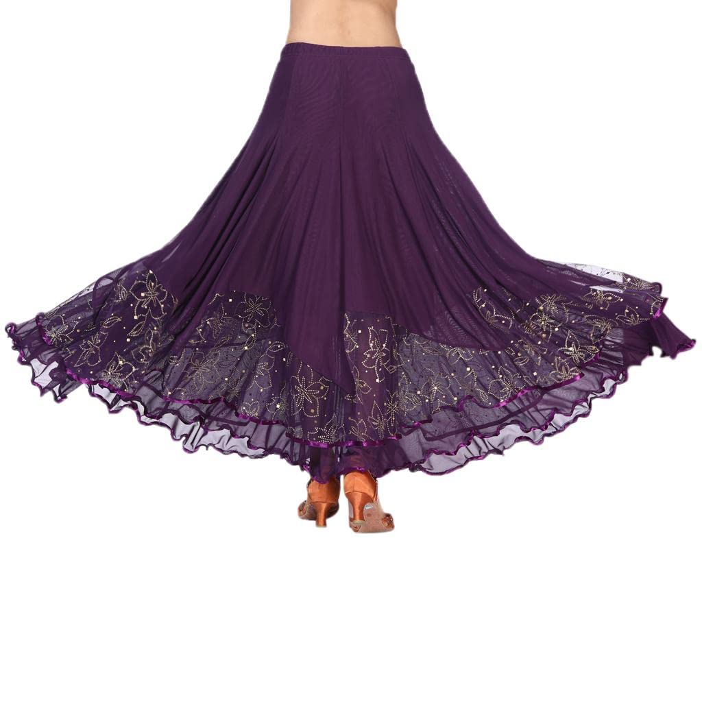Ladies Belly Dance Costume Long Satin Swing Dance Skirt Purple Mesh Sequins Floral Embroidery Elegant Flowy Full Circle