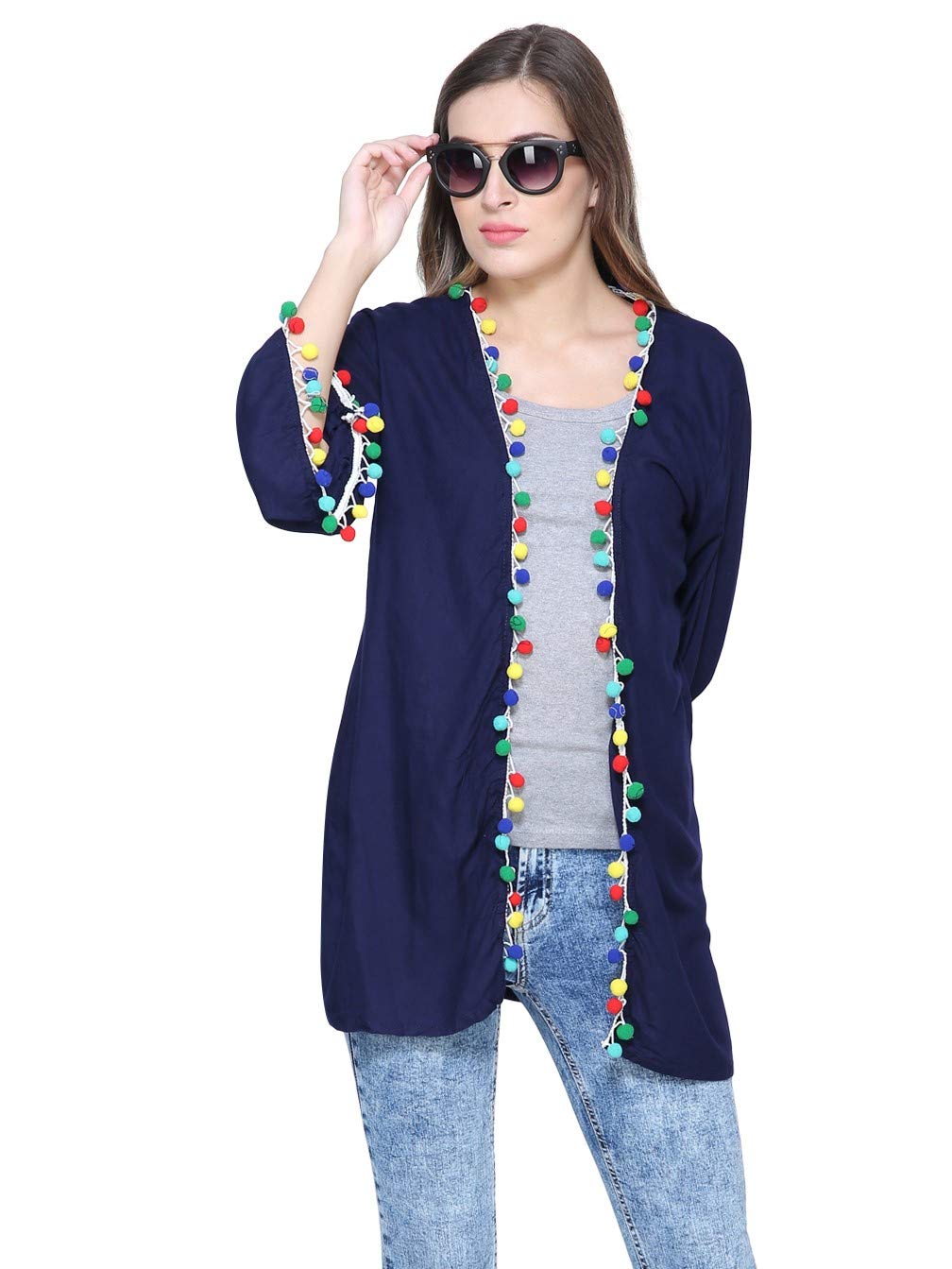 InTrend Forever Rayon Shrug Kimono Jacket with Pom Pom Lace for Women Free Size