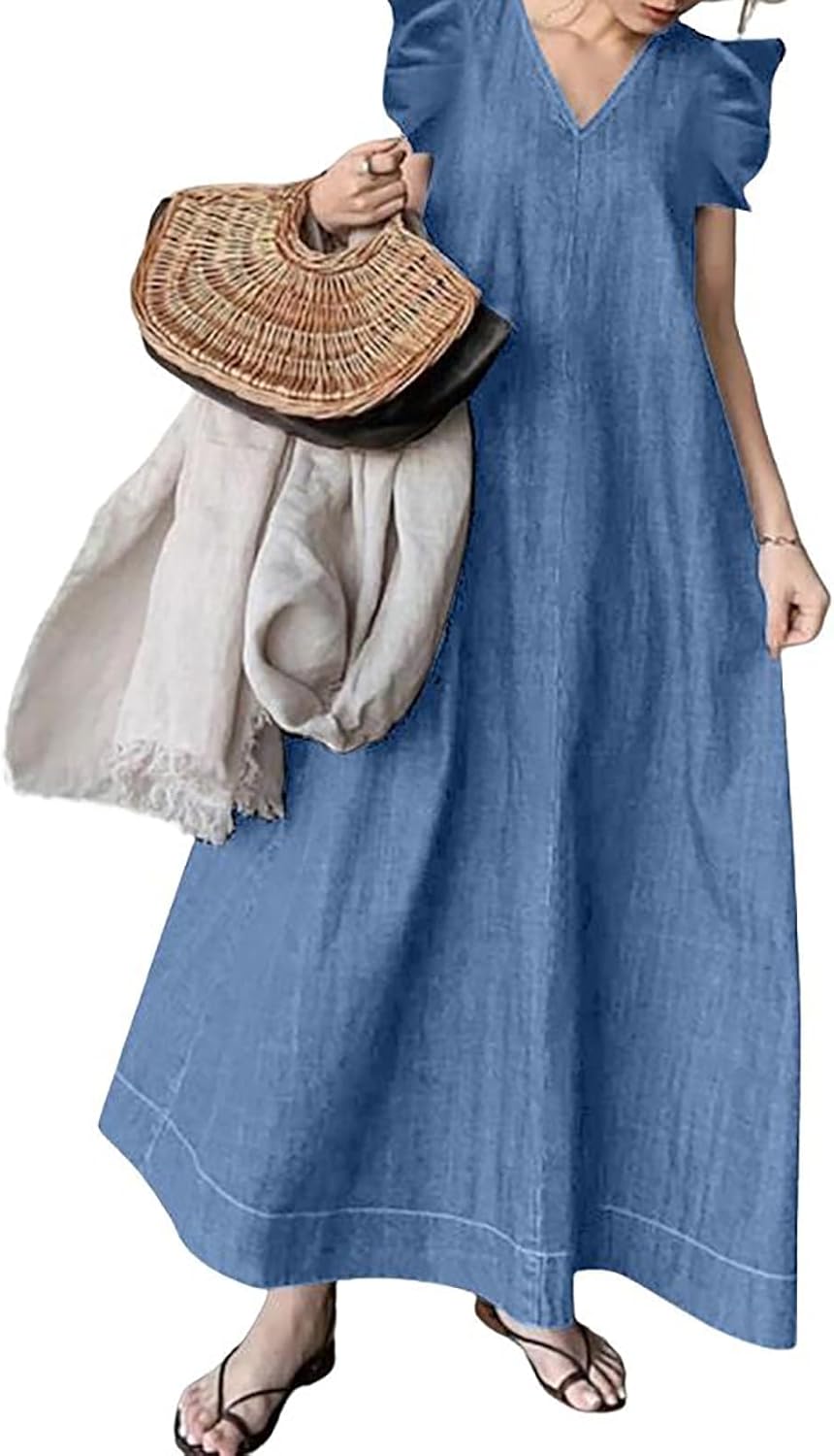 utcoco Womens Long Denim Dress Casual Loose Fit Ruffle Sleeveless V-Neck Jean Maxi Dresses for Women 2025