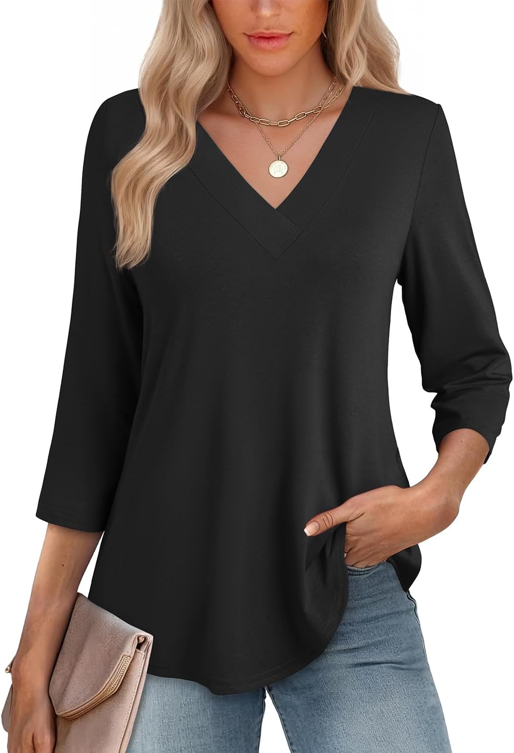JUSTFASHIONNOW Womens 3/4 Length Sleeve Tops V Neck Split Tunic Tops Flowy T Shirts Summer 2026 Dressy Casual Blouses