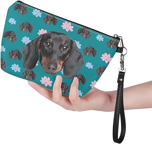Miniatura 2 de Glomenade Bolsas de cosméticos para mujer, bolsa de maquillaje de viaje portátil con cremallera PU cuero embrague bolsa de belleza, Negro (Dachshund)