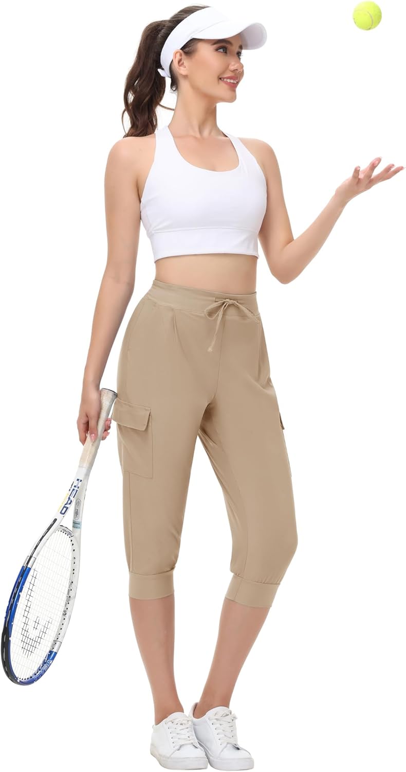 Womens Capri Cargo Joggers Pull on Capris Pants Crop Cropped Golf Pants with Pockets and Drawstring - Image 3