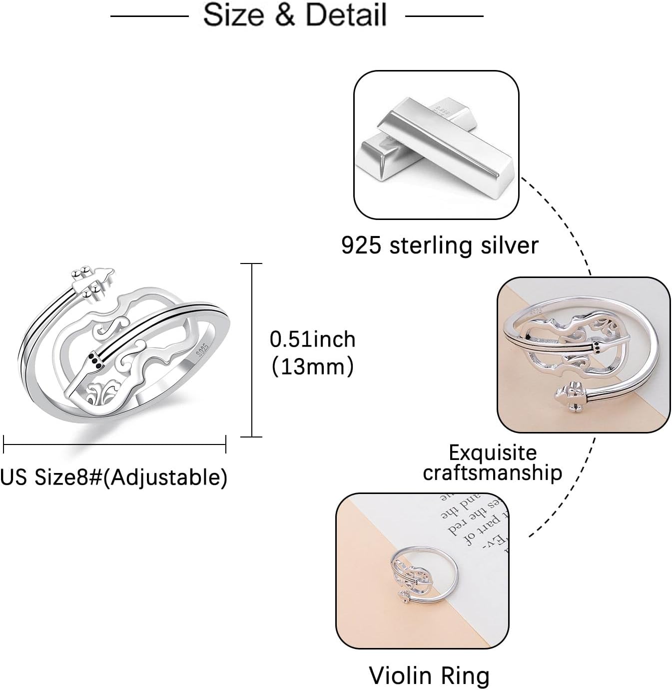 925 Sterling Silver Violin Ring: Adjustable Music Jewelry for Women Concert,Gift for Violinist
