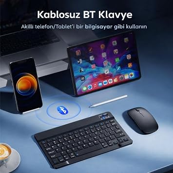 Bluetooth Klavye, Taşınabilir Mini Klavye, Windows, Android, İOS, Tablet ve TV Uyumlu Bluetooth Klavye, Ergonomik İnce Tuş Tasarımı, Dayanıklı ve Uzun Pil Ömrü, Pratik Yapı, (78 Adet Tuş)