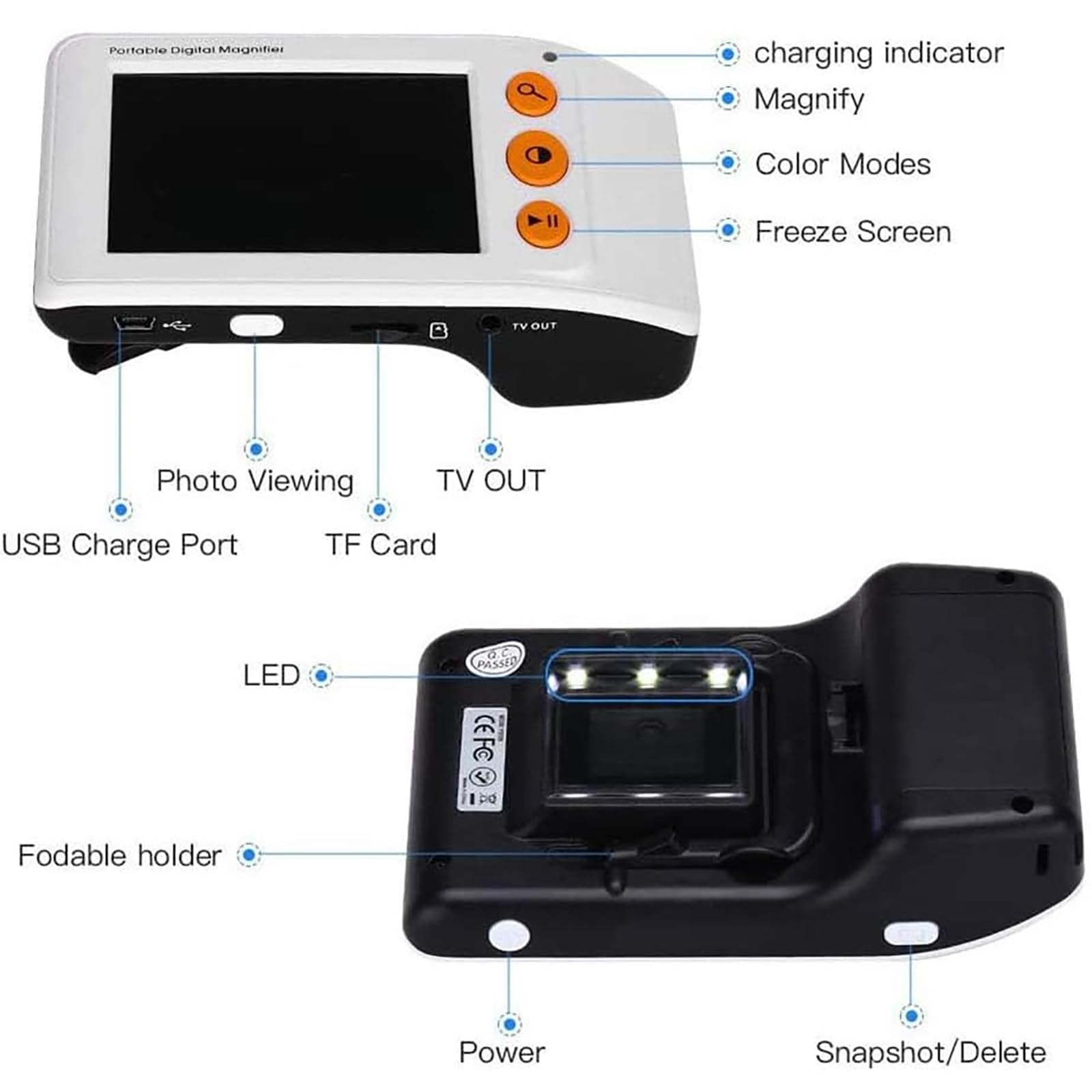 TsoLay Lupa De Video Electrónica De 3.5 Pulgadas, Lupa De Video Digital con Pantalla LCD, Zoom 2X-25X, 8 Modos De Color, Salida AV/TV, Mango Plegable, Ideal para Personas Mayores Que Leen, Escriben