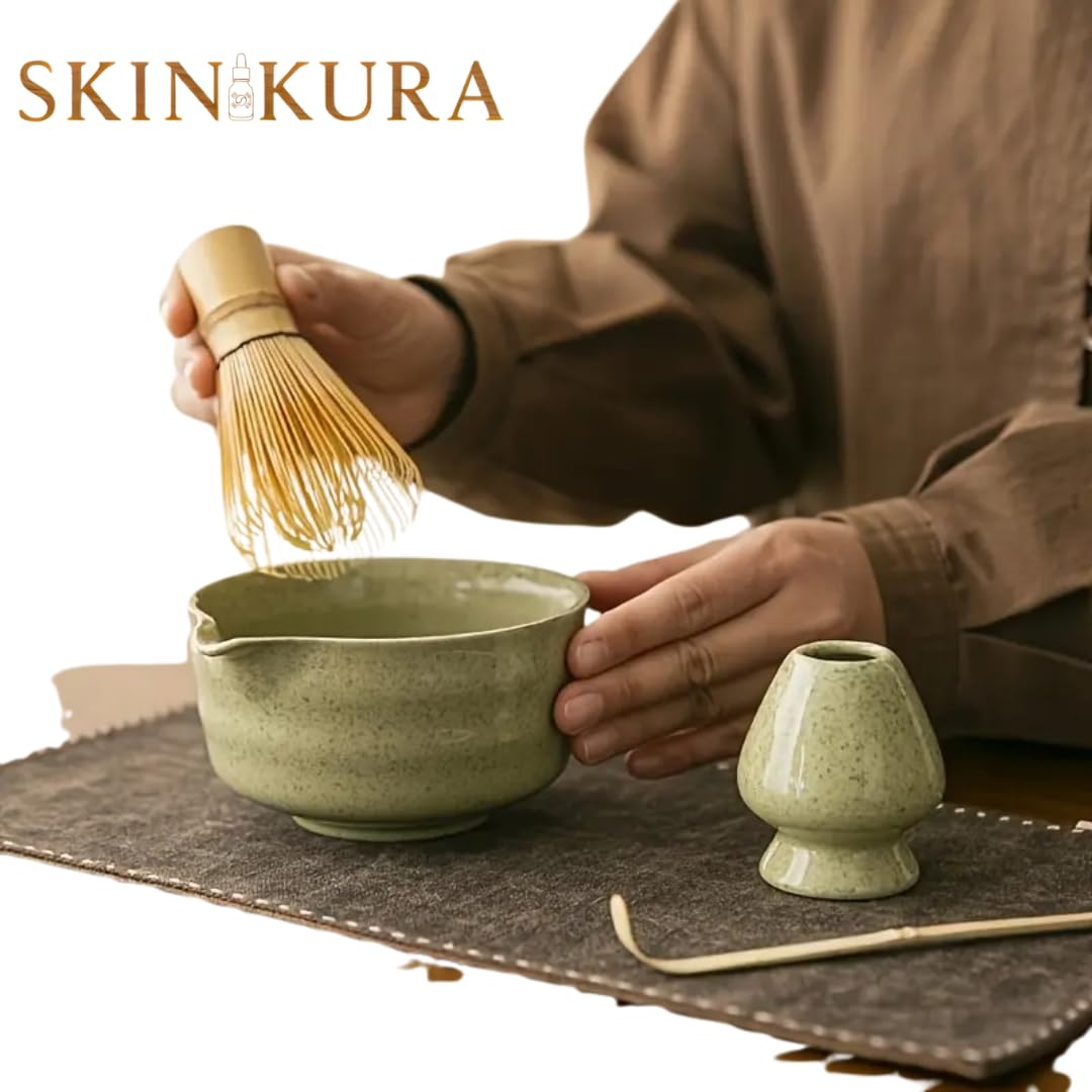 Skinkura Ceramiczny zestaw Matcha – Chawan Miska, bambusowa trzepaczka i łyżka, uchwyt na trzepaczkę, kompletne narzędzia do japońskiej ceremonii herbaty Matcha, najwyższa jakość
