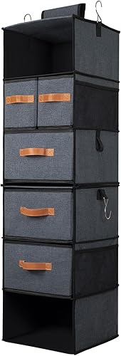 Miniatura 8 de Organizador de armario colgante de 12.6 x 12.6 x 44.1 pulgadas, estantes organizadores de ropa de 6 niveles con cajones y ganchos para organización
