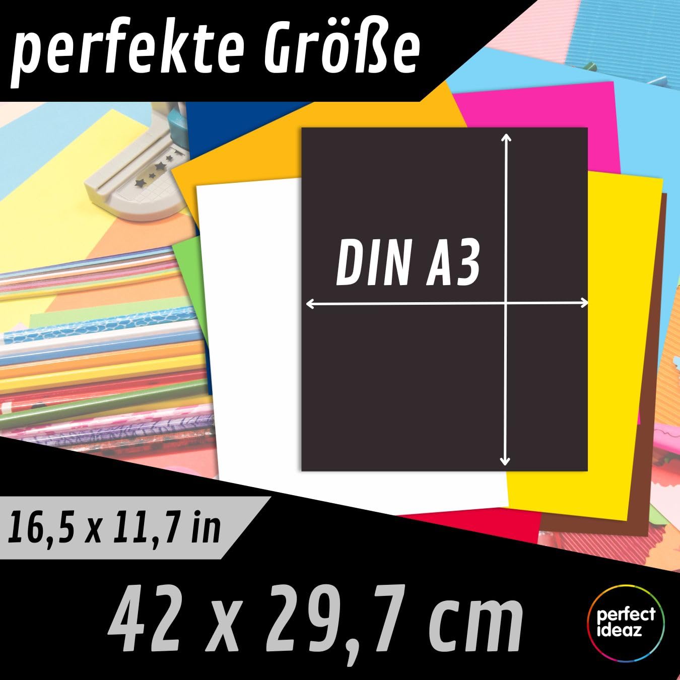perfect ideaz – 39 arkuszy kartonu kolorowego DIN-A3, 13 kolorów, 180 g/m², wyprodukowano w Niemczech, certyfikat Blauer Engel