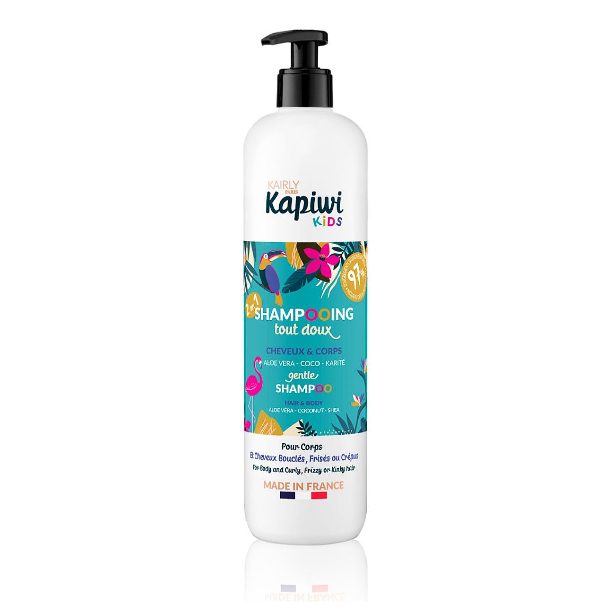 KAIRLY - Shampooing Tout Doux 2-en-1 KAPIWI Kids - Cheveux Bouclés & Corps - Nettoie, Hydrate & Aide au Démêlage - 500ml - 97% Naturel - Aloe Vera, Coco & Karité