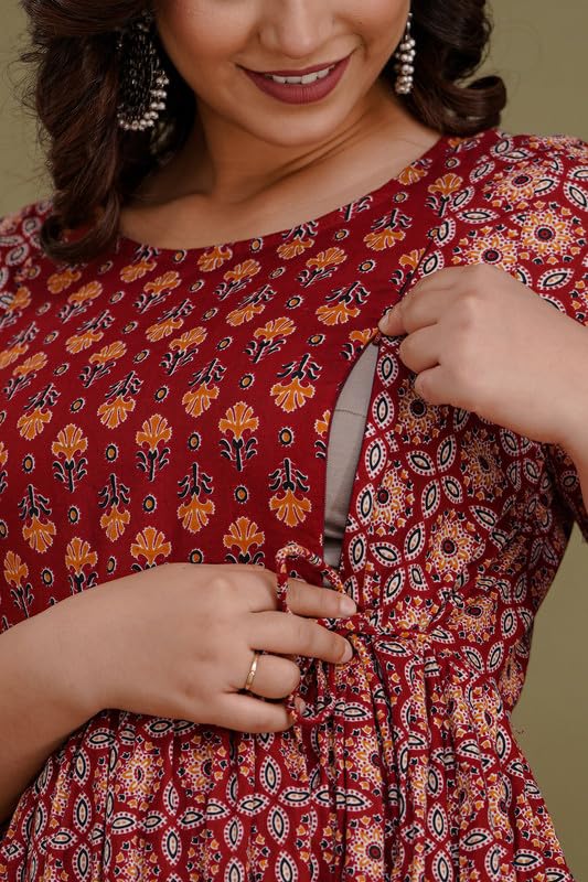 Image of Women's Pure Cotton Printed Maternity Gown /Maternity wear /Feeding Gown A-line Maternity Feeding Dress Maternity Kurti Gown for Women