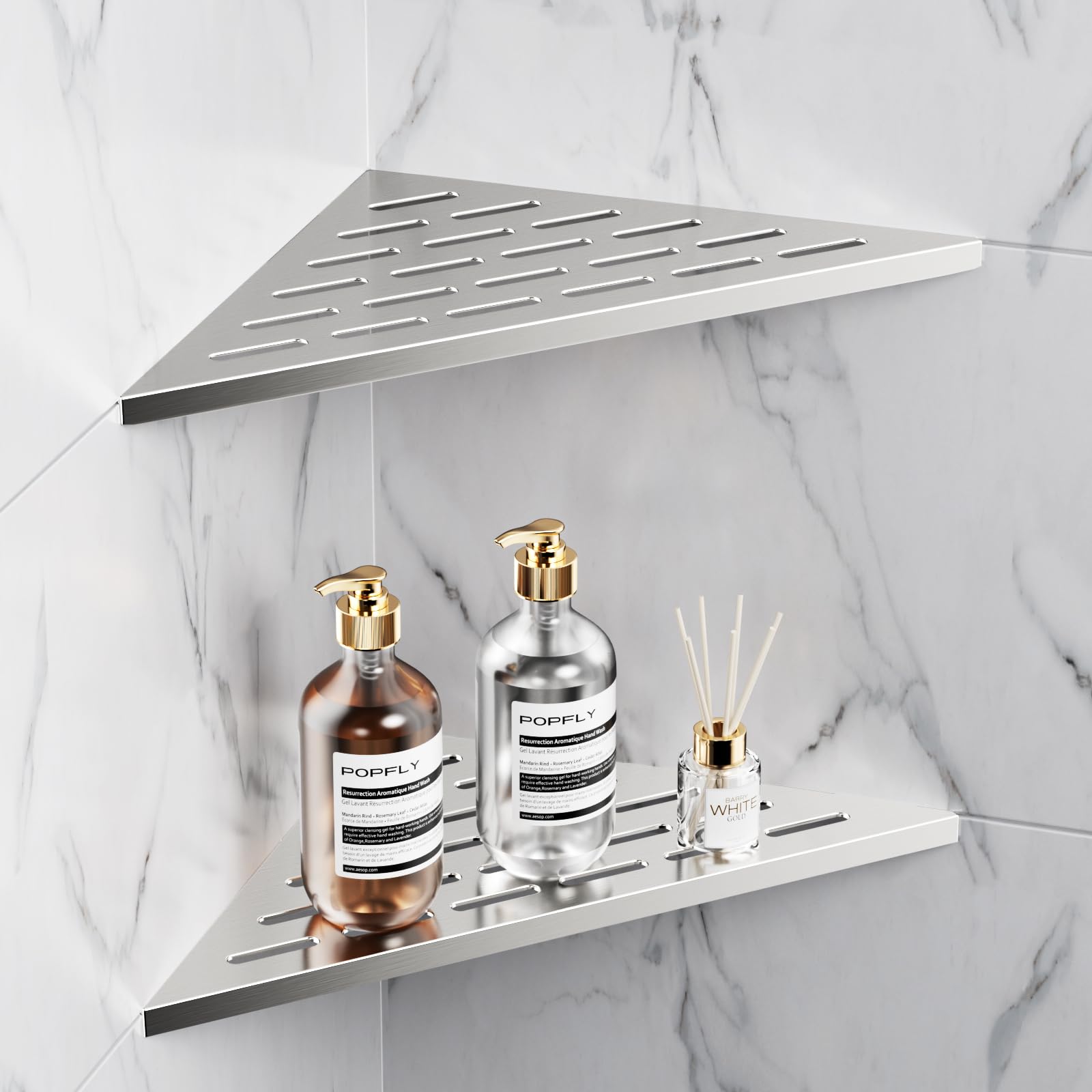 POPFLY 10 Silver Stainless Steel Corner Shower Shelf 2PCS 304 SS Recessed Bathroom Shelves for Tile Walls No