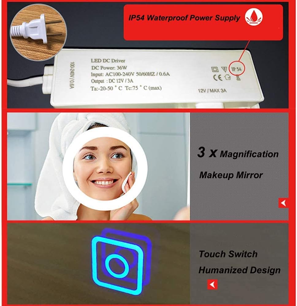 Bathroom Mirror 24X24 Round Led Backlit 3 Times Magnifying Glass + Smart Touch Switch Vanity Makeup Shaving (White Light) Exquisite