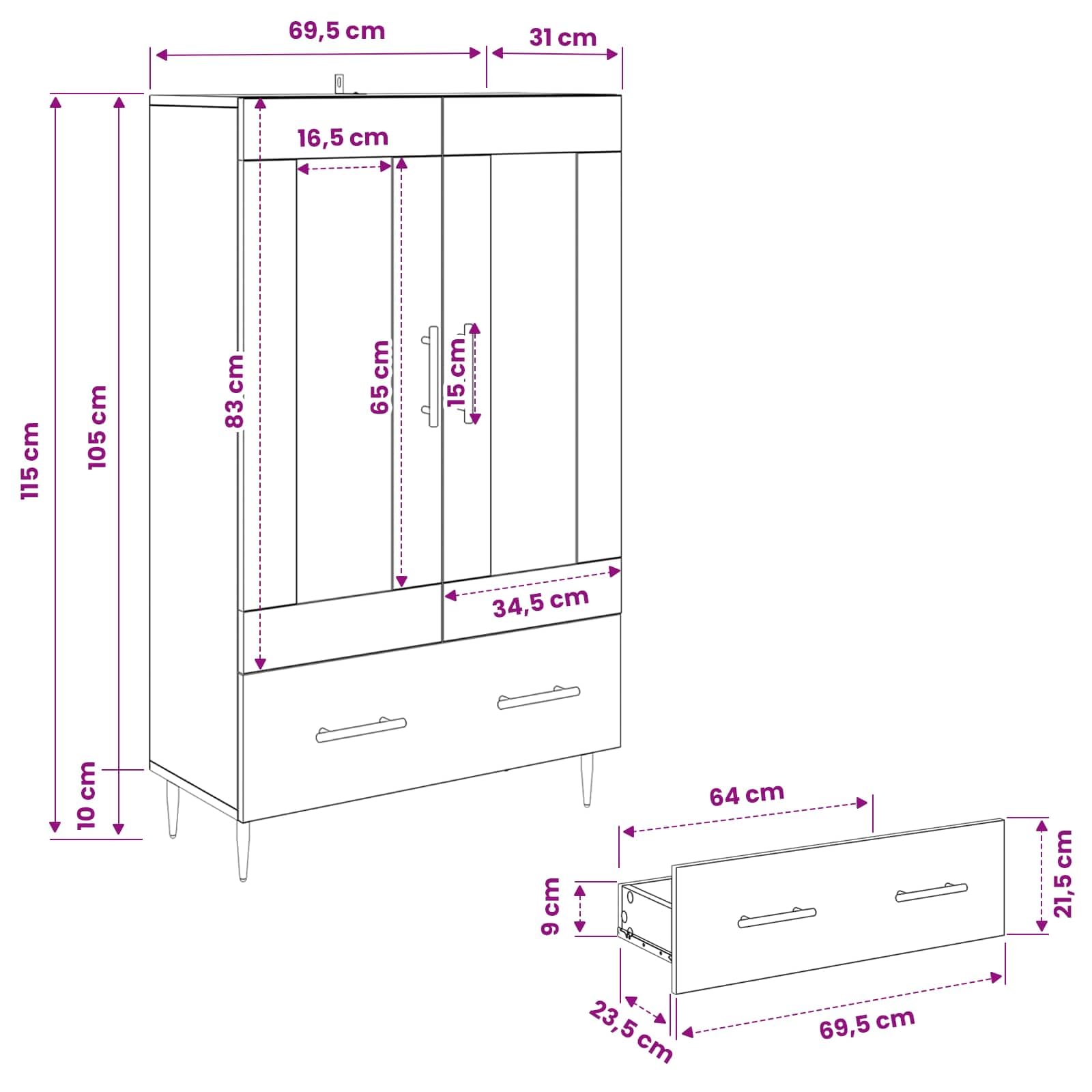 vidaXL Alacena con cajón Roble Artesanal 69,5 x 31 x 115 cm, Aparador Moderno, Armario Rectangular, con Puertas de Vidrio, ¡Organiza tu Sala fácil y con Estilo