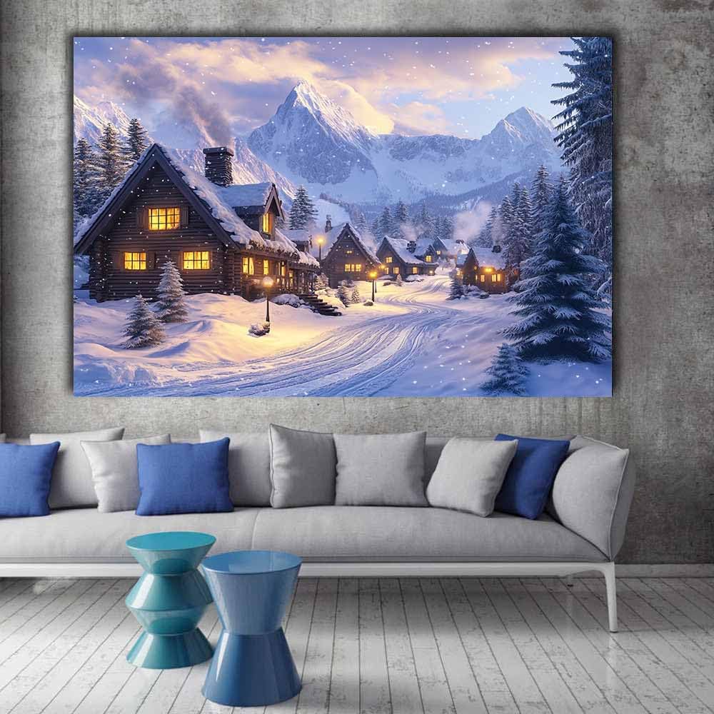 QUSAAOU Wandbilder Wohnzimmer Verschneites Bergdorf mit Hütten Leinwandbild Im Modernen Stil Mit Naturmotiven,Geeignet FüR Schlafzimmer Und Wohnzimmerflure(Blau)-80x120cm Ungerahmt