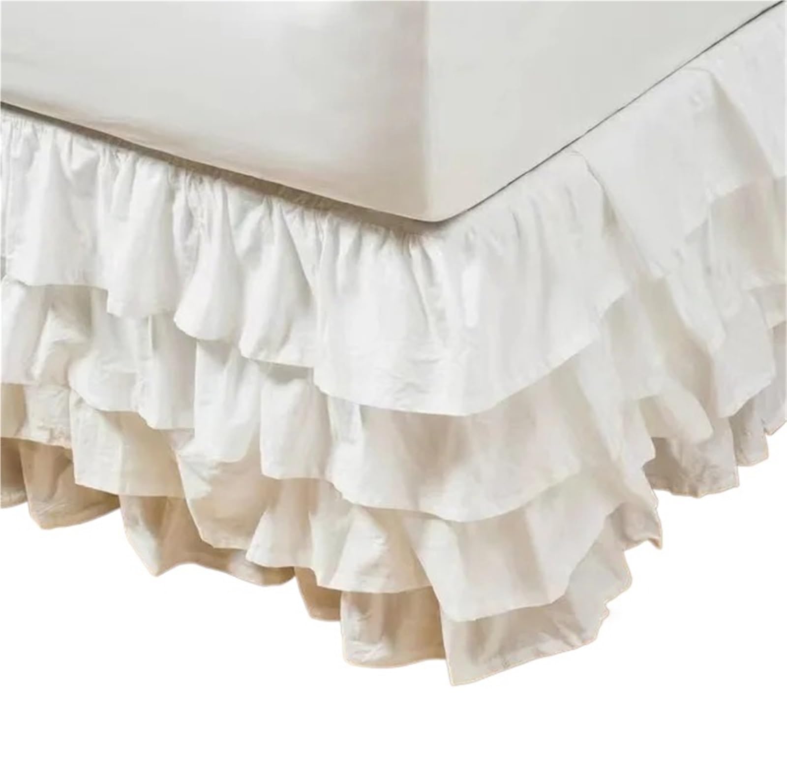 Ruffled Bedspread Three Layers Wrap Around Elastic Solid Bed Skirt Band Without Sheet(White,QUEEN 150x200cm)