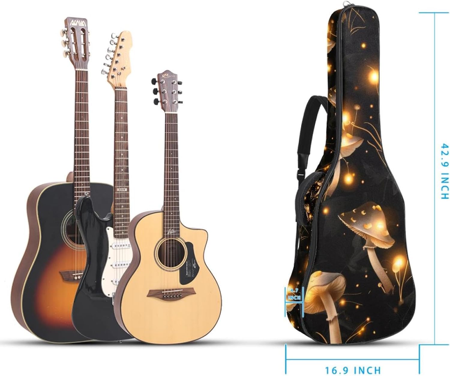 Acoustic Guitar Bag 0.4 Inch Thick Padding Waterproof Guitar Case Gig Bag for 40 41 42 Inch Electric Bass Classical Guitar, Cute Mushrooms Forest Seamless Pattern