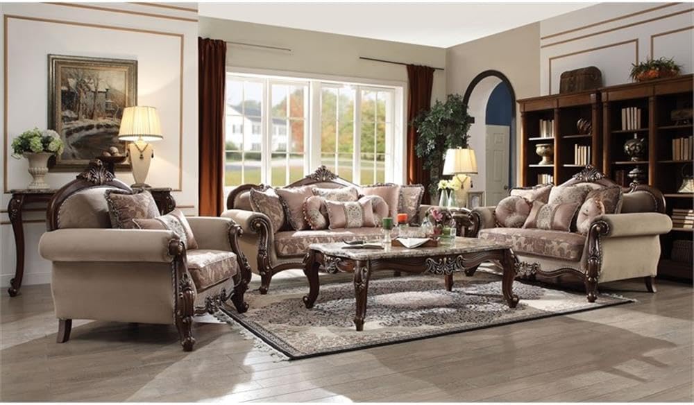 Acme Mehadi Upholstery Rolled Arm Loveseat with Queen Leg in Walnut