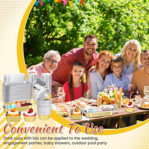 150 Pcs Disposable Ramekins 6.8 Oz 5 Oz Aluminum Foil Cupcake Baking Cups With Lids, Mini Cake Tins Rectangle Round Square Cupcake Liners Cake Pans For Flan Muffin Dessert Party Favors, Gold #TOP6