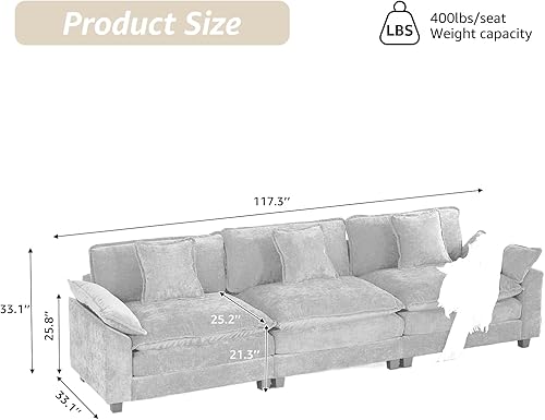 Miniatura 2 de Sofás seccionales modernos y acogedores de 117.9 pulgadas para sala de estar, sofá nuboso de felpilla beige seccional, sofá de 3 plazas para sala de