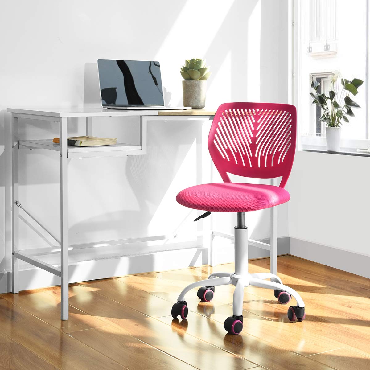 MEUBLE Cosy Silla de Oficina Ergonómica, Silla de Escritorio Giratoria Regulable en Altura, sin Reposabrazos, con Ruedas para Teletrabajo, Estudio y Dormitorio, Rosa Blush