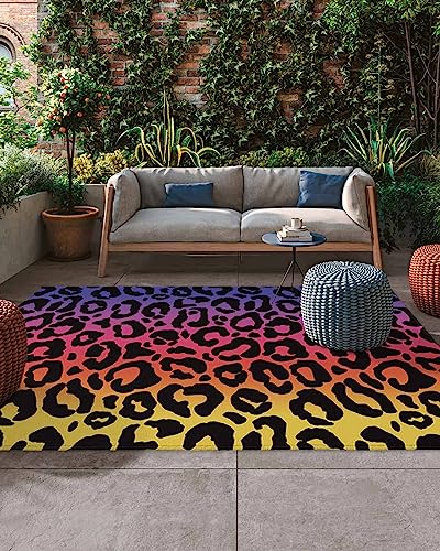 Teamery Outdoor Rug Leopard Print Area Rug, Easy Cleaning Waterproof Outdoor Plastic Straw Rug for Patio Decor Backyard Deck Picnic Camping Living Room, 5x8 Feet